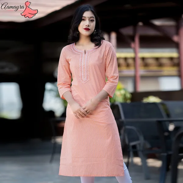 Light Orange Stripe Printed Straight Kurti From Aamayra Fashion House